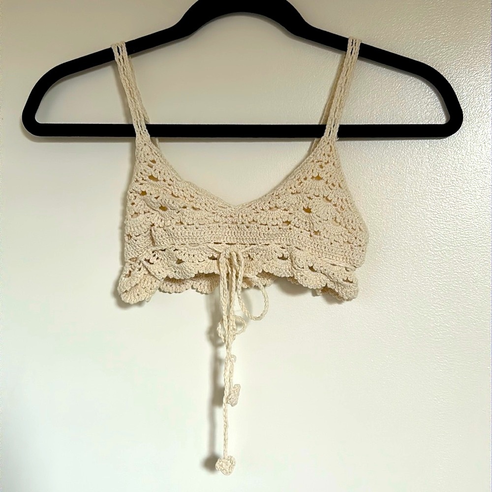 UO Staring At Stars Crochet Crop Festival Bralette Top in Cream
